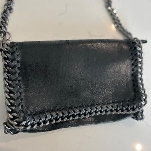 Faux Stella Mccartney Falabella Crossbody Shoulder Bag Shiny Black Silver Chain